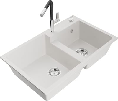 Mexen Tomas granieten gootsteen 2-kamer met keukenkraan Flora, wit - 6516-20-670401-07