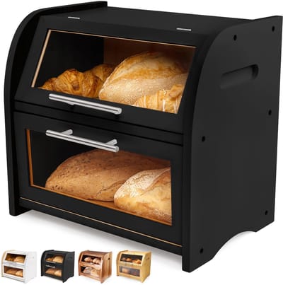 Dailygoods- Broodtrommel extra groot - Houten brooddoos met 2 planken - Doorzichtige ramen - Ventilatieopeningen - 40 x 26,4 x 36,5 cm - Stijlvol ontwerp