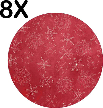 Luxe Ronde Placemat - Rood - Wit - Kerst Patroon - Sneeuwvlok - IJskristal - Ster - Set van 8 Placemats - 50x50 cm - 2 mm dik Vinyl - Anti Slip - Afneembaar