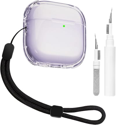 Transparante Beschermhoes voor Airpods 4 met Schoonmaakset, Zacht TPU, Draagriem, Draadloos Opladen en Schokbestendig (Paars)