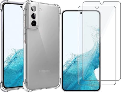 Hoesje geschikt voor Samsung Galaxy S22 - Anti Shock Proof Siliconen Back Cover Case Hoes Transparant - 2x Tempered Glass Screenprotector