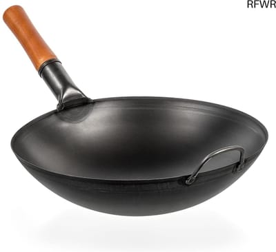 RFWR® Koolstofstalen Wokpan 36 cm - Voorbehandelde Roerbakpan met Ronde Bodem - Traditionele Chinese en Japanse Kooktechnieken - Geschikt voor Gas en Open Vuur