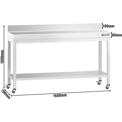GGM Gastro Edelstahl Arbeitstisch PREMIUM - 1600x700mm - mit Grundboden, Aufkantung & Rollen