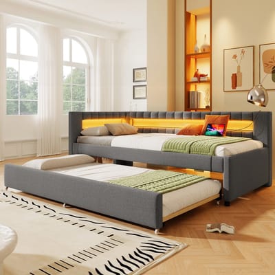 Sweiko Slaapbank - 90 x 200 cm - LED-verlichting - met uitschuifbaar bed - USB Type-C - linnen - Grijs