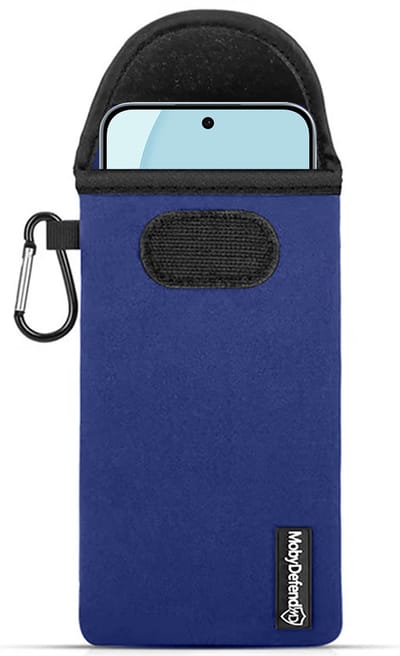 MobyDefend Hoesje - Geschikt voor Oppo Reno14 F / Oppo Reno14 FS - Neopreen Pouch Met Karabijnhaak - Insteek - Riemlus - Blauw