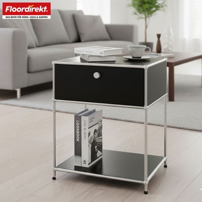 FLOORDIREKT Metalen Rek Concept Epure MK-139 - Bijzet- & Opbergrek met Lade & Legplanken - 50 x 65 x 40 cm - Zwart -Verkrijgbaar in Verschillende Kleuren - Metalen Rek in Modern Design - Rek Voor Woonkamer, Kantoor & Hal