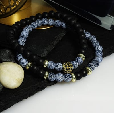 OZ JEWELS Heren Natuursteen Kralen Armbandenset - Trendy en Elegante Set van 2 - Zwart, Blauw