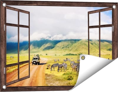 Gards Tuinposter Doorkijk Safari Auto tussen de Zebra's - 60x40 cm - Tuindoek - Tuindecoratie - Wanddecoratie buiten - Tuinschilderij