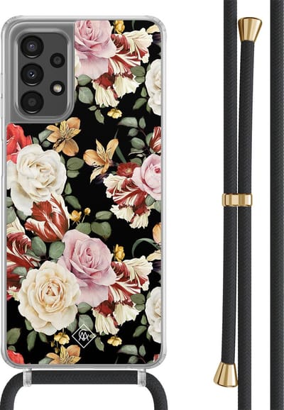 Casimoda® hoesje met zwart koord - Geschikt voor Samsung A13 4G - Bloemen flowerpower - Afneembaar koord - TPU/polycarbonaat - Multi