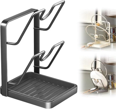 Pannen Deksel Opbergrek Met Opvangbak Dubbellaags Multifunctioneel Keukenorganizer Voor Fornuis Deksel En Lepelhouder Tijdens Koken Ruimtebesparend En Stevig Grijs
