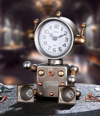 Gilde Handwerk - Klok - Staand - Tafelklok - Steampunk - De Robot "Robbie" - Metaal - Industrieel - grijs - 8 x 12 cm Hoogte