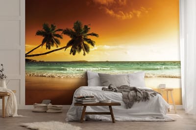 Vliesbehang - Fotobehang - Strand - Zee - Palmboom - Golven - Zon - Zand - 184x254 cm (Hoogte x Lengte)