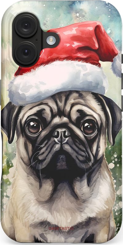 Casetastic hoesje geschikt voor Apple iPhone 16 - MagSafe - Dubbellaagse bescherming - Aquarel Kerstmis Pug Hond - Fashion Case - Grijs Taupe Donkergrijs Saliegroen