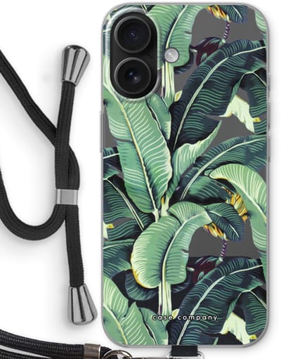 Case Company® - Hoesje met koord geschikt voor iPhone 16 hoesje met Koord - Bananenbladeren - Telefoonhoesje met Zwart Koord - Bescherming aan alle Kanten en Over de Schermrand