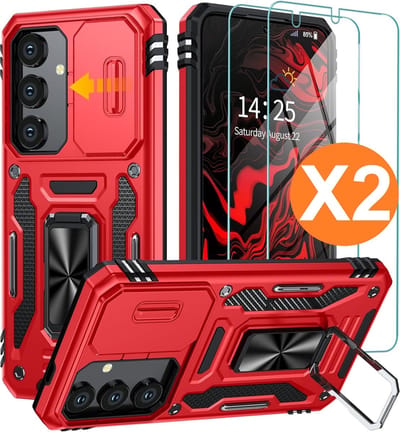 Hoesje Geschikt voor Samsung Galaxy S24 hoesje backcover Rood met Met Draaibare Ring Houder en camera bescherming - Galaxy S24 Screenprotector - 2 stuks