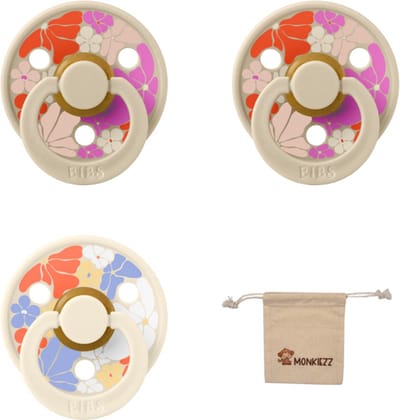 Bibs studio fopspenen maat 1 (0-6 maanden) Set 3 fopspenen + speenzakje - 1x Flower child ivory , 2x Flower child vanilla