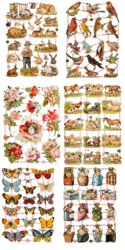 Poëzieplaatjes - 6 vellen - plaatjes - hobby - creatief - decoupage - knutselen - scrapboek met Bloemen - Konijnen - Boerderij- Vogels