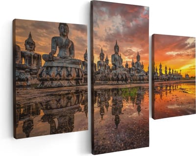 Artaza Canvas Schilderij Drieluik Boeddha Beelden Tijdens Zonsondergang - 90x60 - Foto Op Canvas - Canvas Print