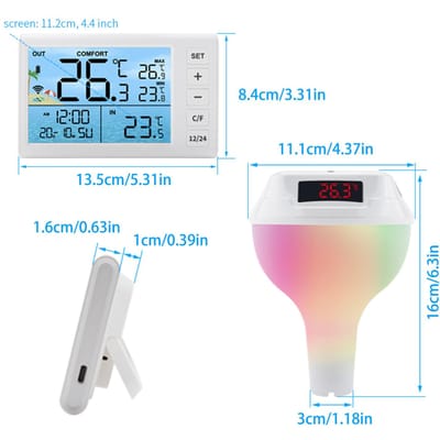 Op Zonne-energie Werkende Zwembadthermometer met RGB Sfeerverlichting, Zwembadtemperatuursensor, Comfort white