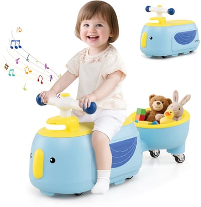 COSTWAY Glijauto met aanhanger, glijvoertuig met licht, muziek en opbergruimte onder de stoel, glijvoertuig voor binnen en buiten, voor kinderen vanaf 1 jaar (blauw)