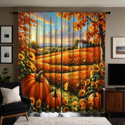 2 stuks HD veld Zonnebloem tuin Esdoorn oogst fruit decoratief gordijn Gele band digitaal bedrukt gordijn Huisdecoratie sty W52H63inchW132H160cm orange