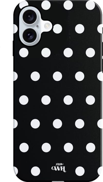 xoxo Wildhearts Polka Dots (Zwart) - Double Layer - Hoesje geschikt voor iPhone 16 hoesje - Hard case met stippen patroon - Beschermhoes - Shockproof case - Stippatroon - Zwart / Wit