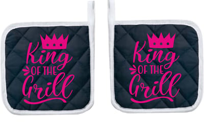 Eizook Pannenlappen 2 Stuks Navy Bedrukt - KING OF THE GRILL In ROZE- Zacht Katoen met Polyester Pannenonderzetter Hittebestendige Pannenlap tot 250°C