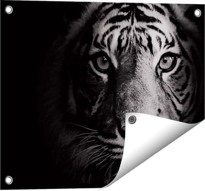 Gards Tuinposter Tijgerkop - Tijger - Zwart Wit - 50x40 cm - Tuindoek - Tuindecoratie - Wanddecoratie buiten - Tuinschilderij