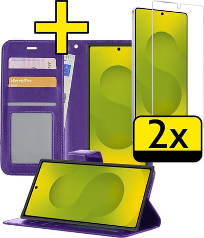 Hoesje - Met 2x Screenprotector - Geschikt voor Samsung Galaxy S25 Ultra - Luxe Pasjeshouder - Bookcase Portemonee - Flip Case - Kunstleer Book Case - Flipcase Hoes - Book Cover - Walletcase - Portemonneehoes - Telefoonhoesjes - Paars