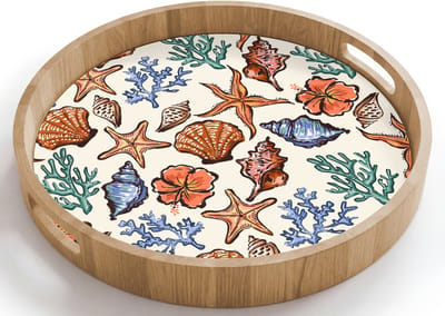 Dienblad rond 40x40 cm - Schootdienblad hout - Kust - Zee - Ster vis - Koraal - Borrelplank rechthoek - Plateau houten dienbladen