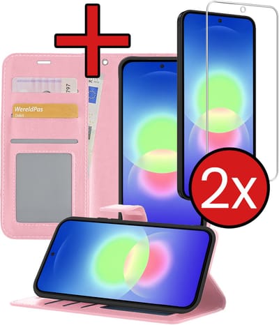 Hoesje - Met 2x Screenprotector - Geschikt voor Samsung Galaxy A27 - Luxe Pasjeshouder - Flip Case - Bookcase Portemonee - Kunstleer Book Case - Flipcase Hoes - Book Cover - Walletcase - Portemonneehoes - Telefoonhoes - Lichtroze