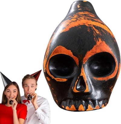 Azteeks Doodsfluitje - Schedel Fluitje - Halloween Decoratie - Authentiek Ontwerp - 12 cm - Oranje