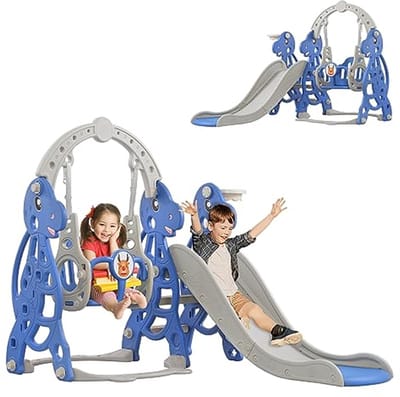4-in-1 Freestanding Slide voor Kinderen - Indoor & Outdoor, met Basket, Schommel en Klimtower