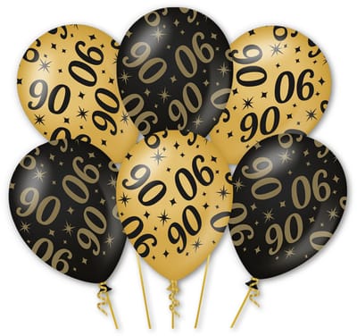 LUQ – Latex Ballonnen 90 Jaar – 6 Stuks – Zwart-Goud – Luxe Verjaardag Decoratie – Birthday Party – Helium Ready