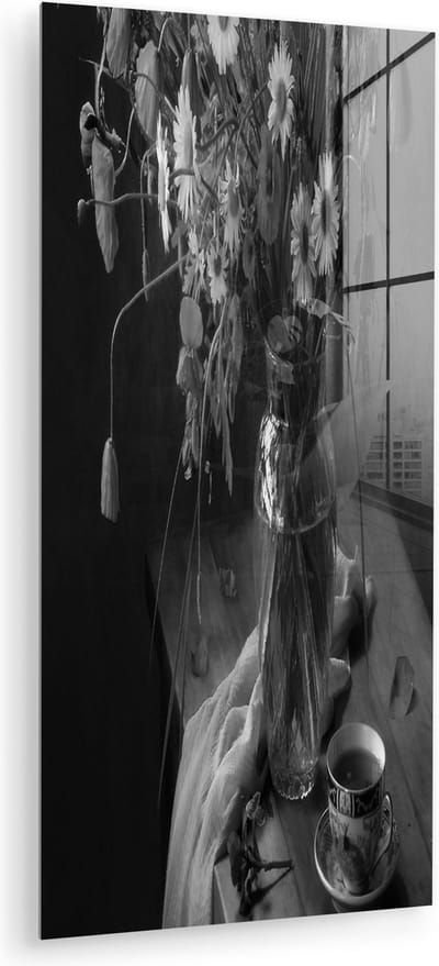 MuchoWow® Glasschilderij 60x120 cm - Schilderij acrylglas - Boeket - Bloemen - Olieverf - Stilleven - Zwart - Wit - Foto op glas - Muurdecoratie woonkamer - Wanddecoratie slaapkamer - Schilderijen
