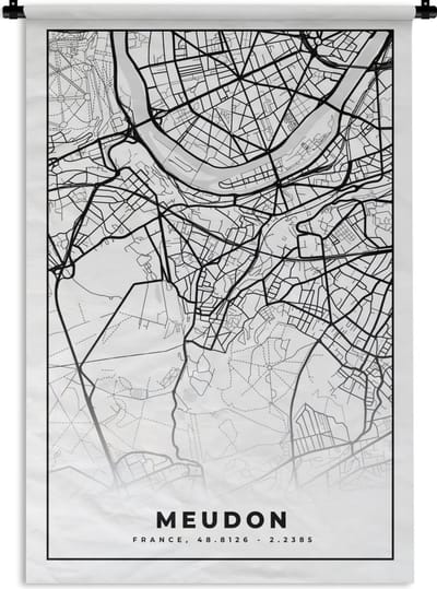 Wandkleed - Wanddoek - Stadskaart - Plattegrond - Kaart - Frankrijk - Meudon - Zwart wit - 120x180 cm - Wandtapijt