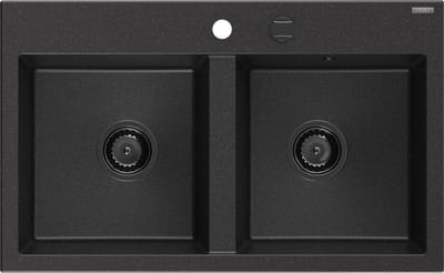 Mexen Hektor granieten gootsteen, 2-kamerig, 800 x 480 , zwart/zilver metallic, zwarte sifon - 6521802000-73-B