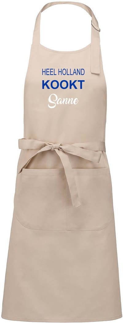 Exclusieve keukenschort - Heel Holland Bakt - beige - met voornaam - opdruk Blauw - naam in wit