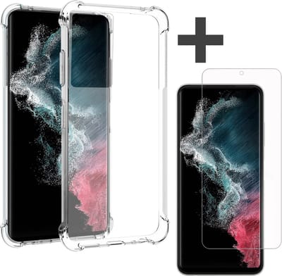 Samsung Galaxy S22 Ultra Hoesje transparant anti shock backcover + Samsung Galaxy S22 Ultra Screenprotector gehard glas tempered glass