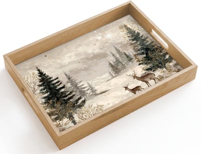 Dienblad hout 40x30 cm - Schootdienblad - Bos - Herten - Winter - Sneeuw - Borrelplank rechthoek - Plateau dienbladen