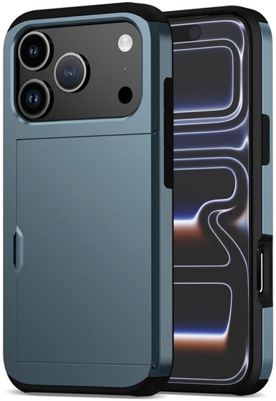 Hoesje met Kaarthouder Slider Geschikt voor Apple iPhone 17 Pro | Back Cover Pasjeshouder Achterkant | Kaarthouder voor Twee Pasjes | Blauw