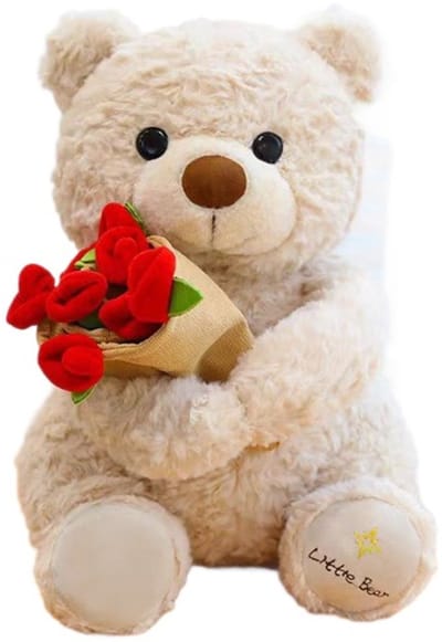 Knuffel - Teddybeer pluche 30CM - Teddy met roos en hoed /Teddybeer met rozenboeket - Beige