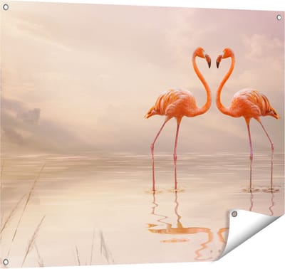 Gards Tuinposter Twee Flamingo's in een Hartjes Vorm - 100x80 cm - Tuindoek - Tuindecoratie - Wanddecoratie buiten - Tuinschilderij