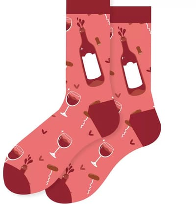 Dames Sokken - roze - rood - leuke print wijn - glas- fles - 36 - 40 - cadeau voor haar - geschenk vrouwen - Kerst cadeau - verjaardagscadeau