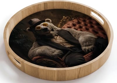 Dienblad rond 40x40 cm - Schootdienblad hout - Ijsbeer - Hoed - Bril - Stoel - Borrelplank rechthoek - Plateau houten dienbladen
