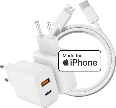 Snellader 2 Poorten met usb-C naar Lightning Kabel - Apple MFI Gecertificeerd - Oplader Geschikt voor iPhone - Usb C Adapter