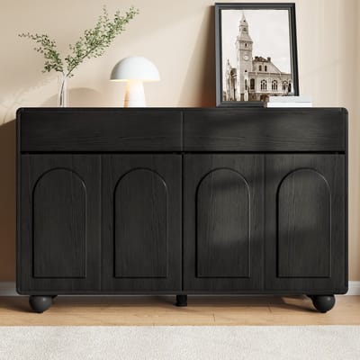 PHOEBE CAT Dressoir - 2 lades - Gebogen deuren kast - Spaanplaat + MDF - Ronde metalen poten - Zwart