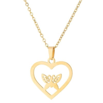 Fako Bijoux® - Ketting Met Hanger - Stainless Steel - RVS - Staal - Hart Met Vlinder - Goudkleurig