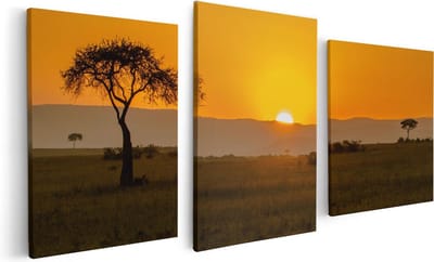 Artaza Canvas Schilderij Drieluik Zonsopgang In De Savanne Met Een Boom - 120x60 - Foto Op Canvas - Canvas Print