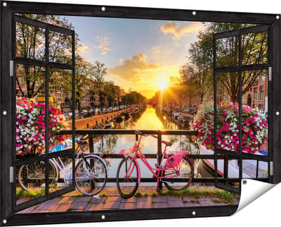 Gards Tuinposter Doorkijk Amsterdamse Brug met Zonsopgang - 150x100 cm - Tuindoek - Tuindecoratie - Wanddecoratie buiten - Tuinschilderij